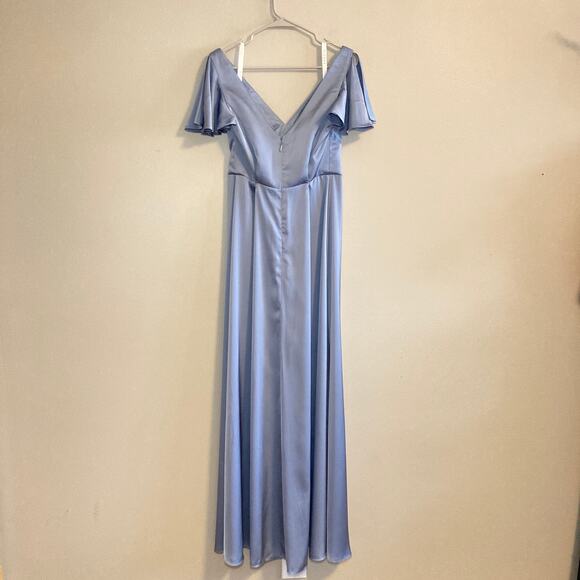 Azazie A-line Empire Waist Pleated Satin Bridesmaid Dress Womens 6-8 Blue Poly - Picture 3 of 12